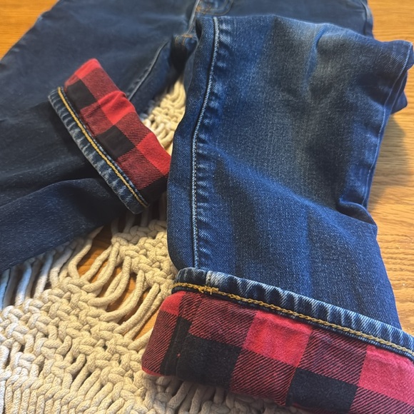 GAP dark wash Jeans w/ Red & black buffalo plaid  checked flannel lining size 7 - Picture 2 of 5